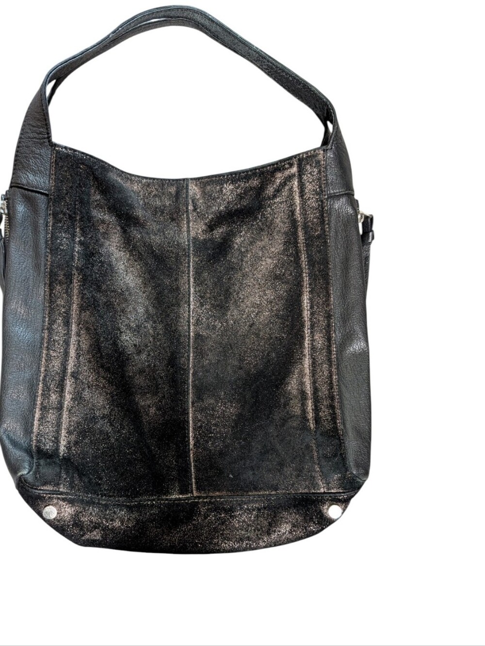 Tano Distressed Black Bronze Metallic Crunch Leather Hobo Slouchy Shoulder Bag